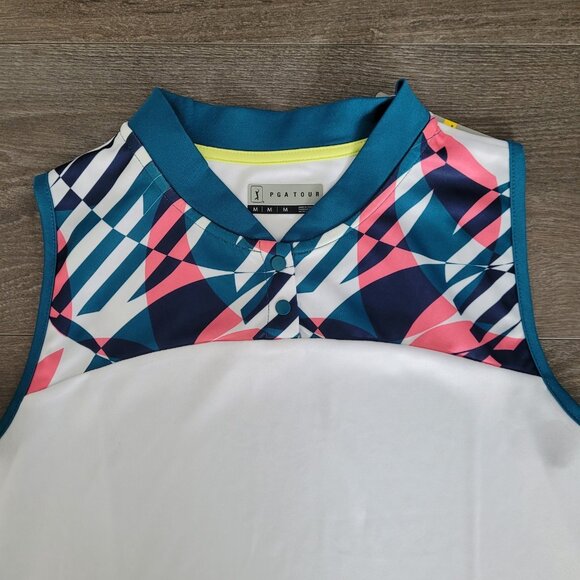 PGA Tour Women’s Medium Golf 2 Button Sleeveless Fragmented Stretch Shirt Top - Picture 2 of 8